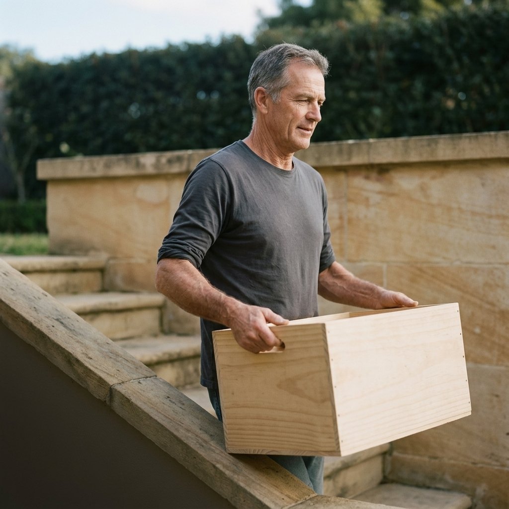 Man in his sixties carrying a wooden crate up stone steps in morning light