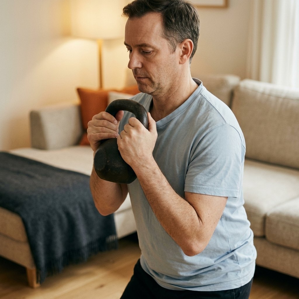 Man holding a kettlebell at his chest during a squat in his living room, shirt hanging loose after losing weight