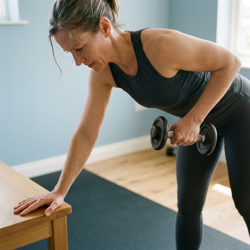 Woman in her forties doing a single arm dumbbell row in a home gym, braced on an oak table