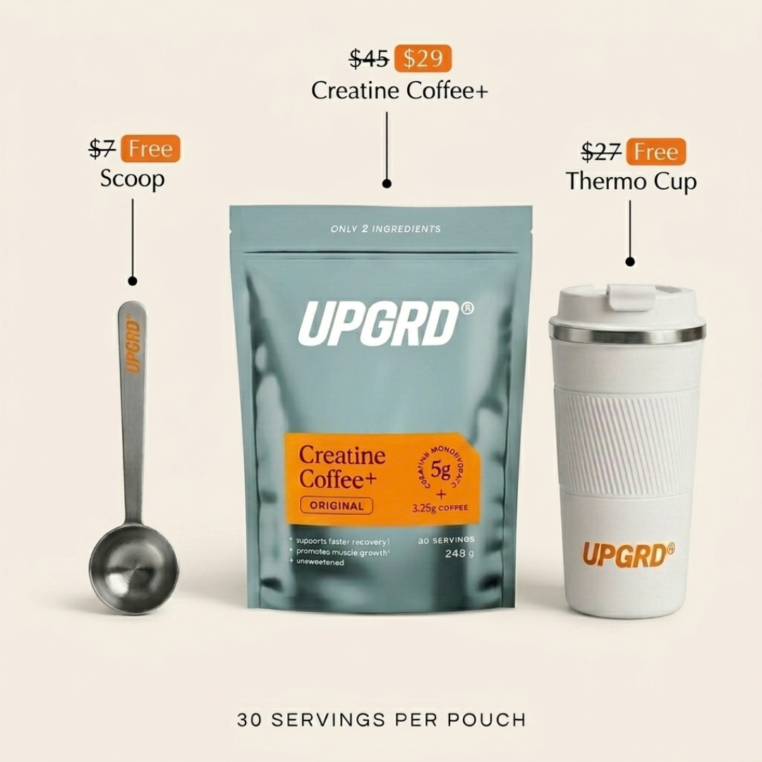 UPGRD Creatine Coffee+ Original pouch with a free steel scoop and a free thermo cup, thirty servings per pouch