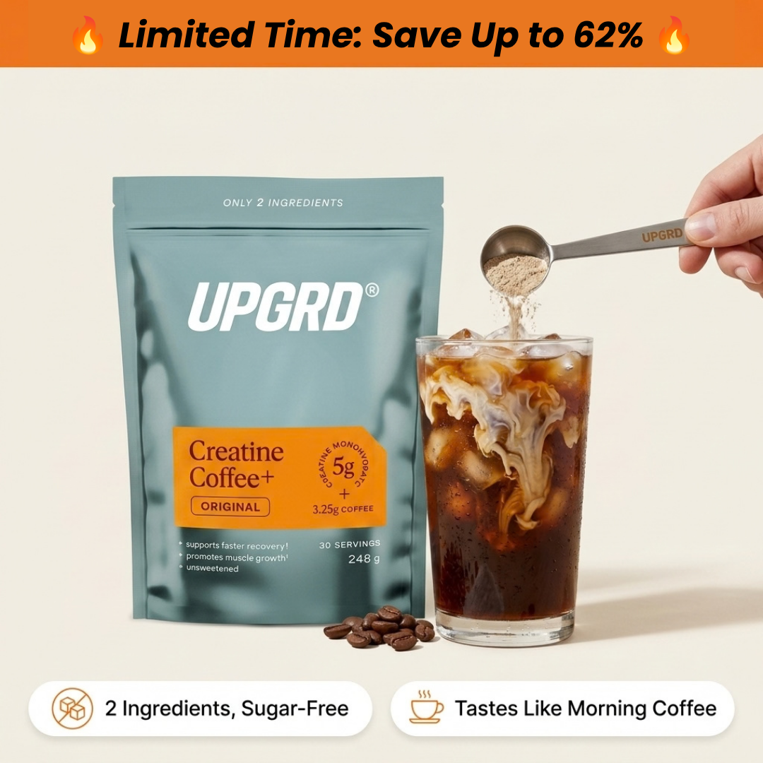 UPGRD Creatine Coffee+ Original pouch next to a glass of iced coffee, made with two ingredients and no sugar