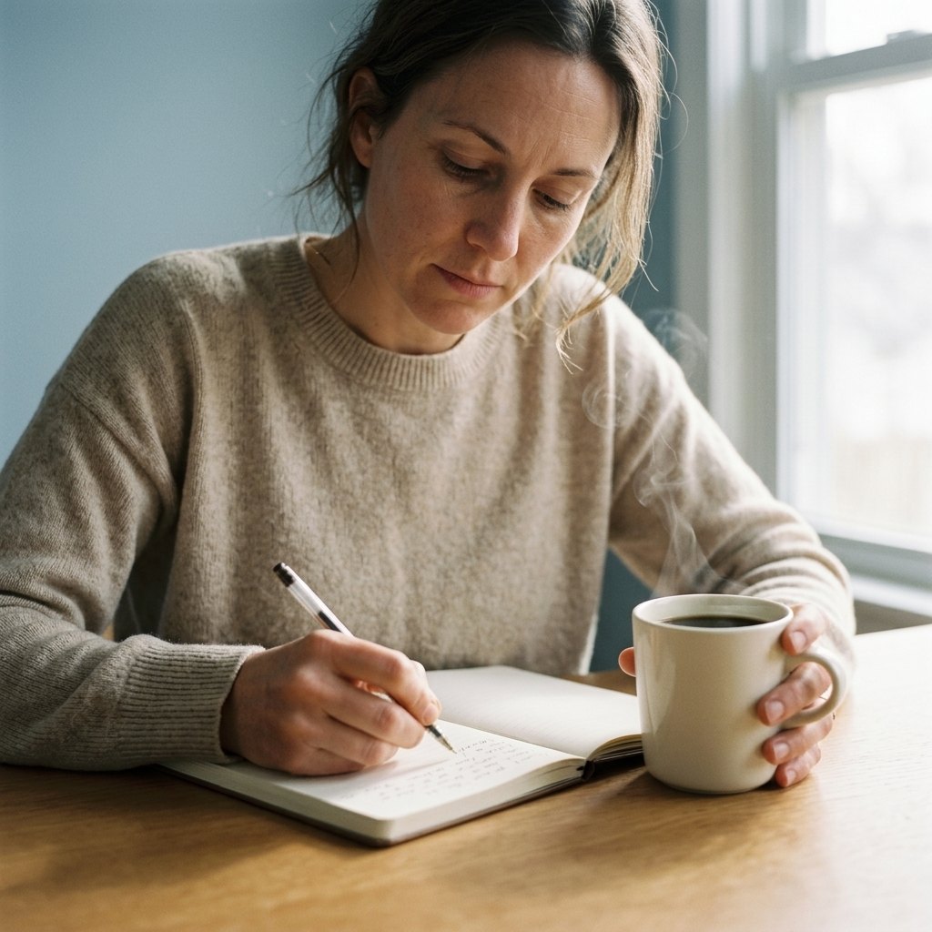 Woman writing in a notebook at a wooden table with a steaming mug of black coffee beside her hand